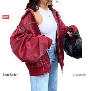 Faux Leather Motorcycle Jacket Oversized Zip Up Winter Coat Chic Biker